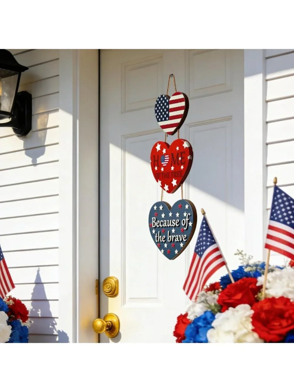 Patriotic 4th of July Door Sign - American Flag Heart Wreath for Indoor/Outdoor